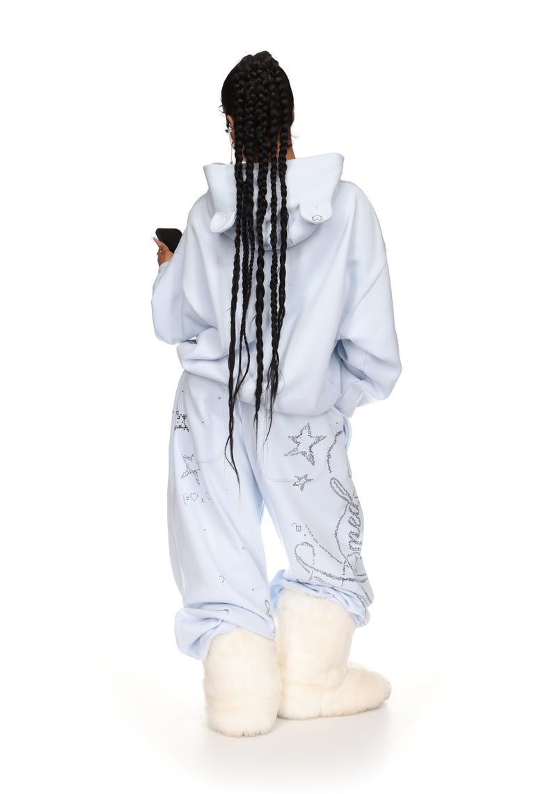 DREAMER RHINESTONE TEDDY PULLOVER HOODIE BABY BLUE