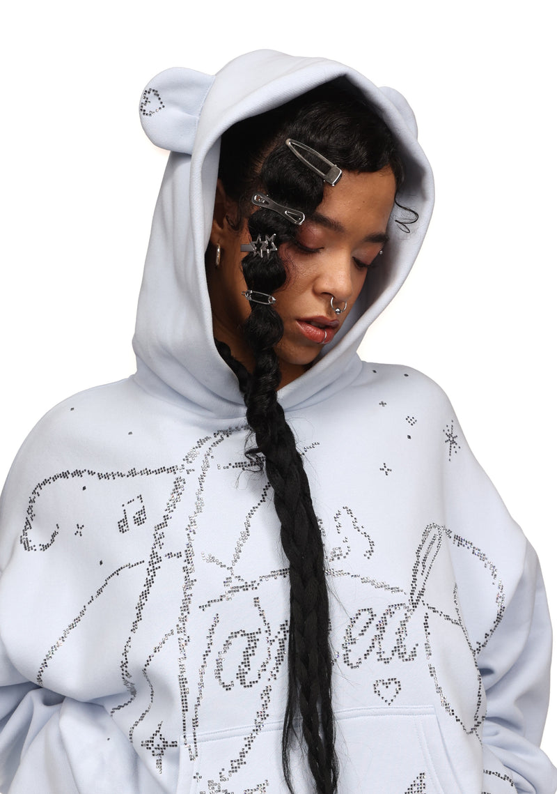 DREAMER RHINESTONE TEDDY PULLOVER HOODIE BABY BLUE