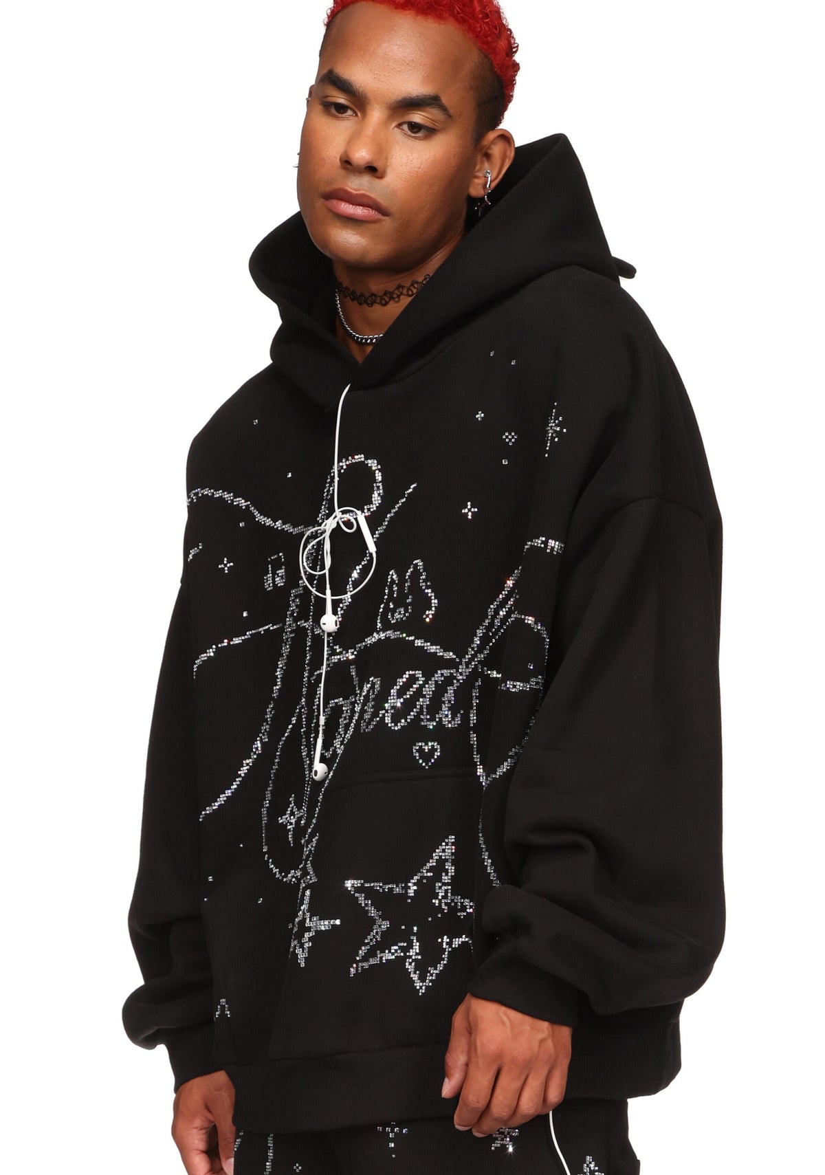 DREAMER RHINESTONE TEDDY PULLOVER HOODIE BLACK
