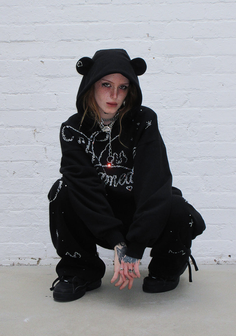 DREAMER RHINESTONE TEDDY PULLOVER HOODIE BLACK