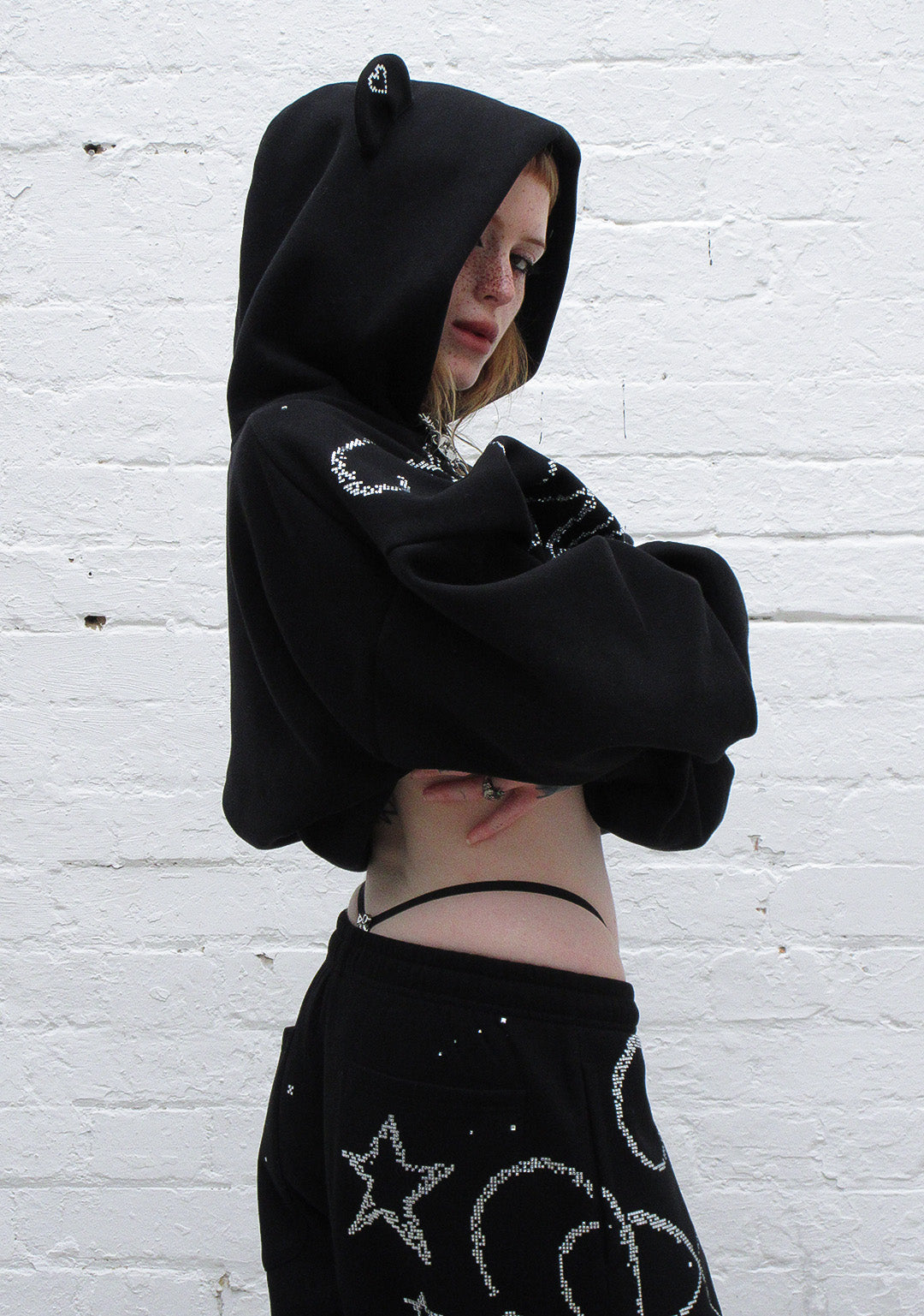 DREAMER RHINESTONE TEDDY PULLOVER HOODIE BLACK