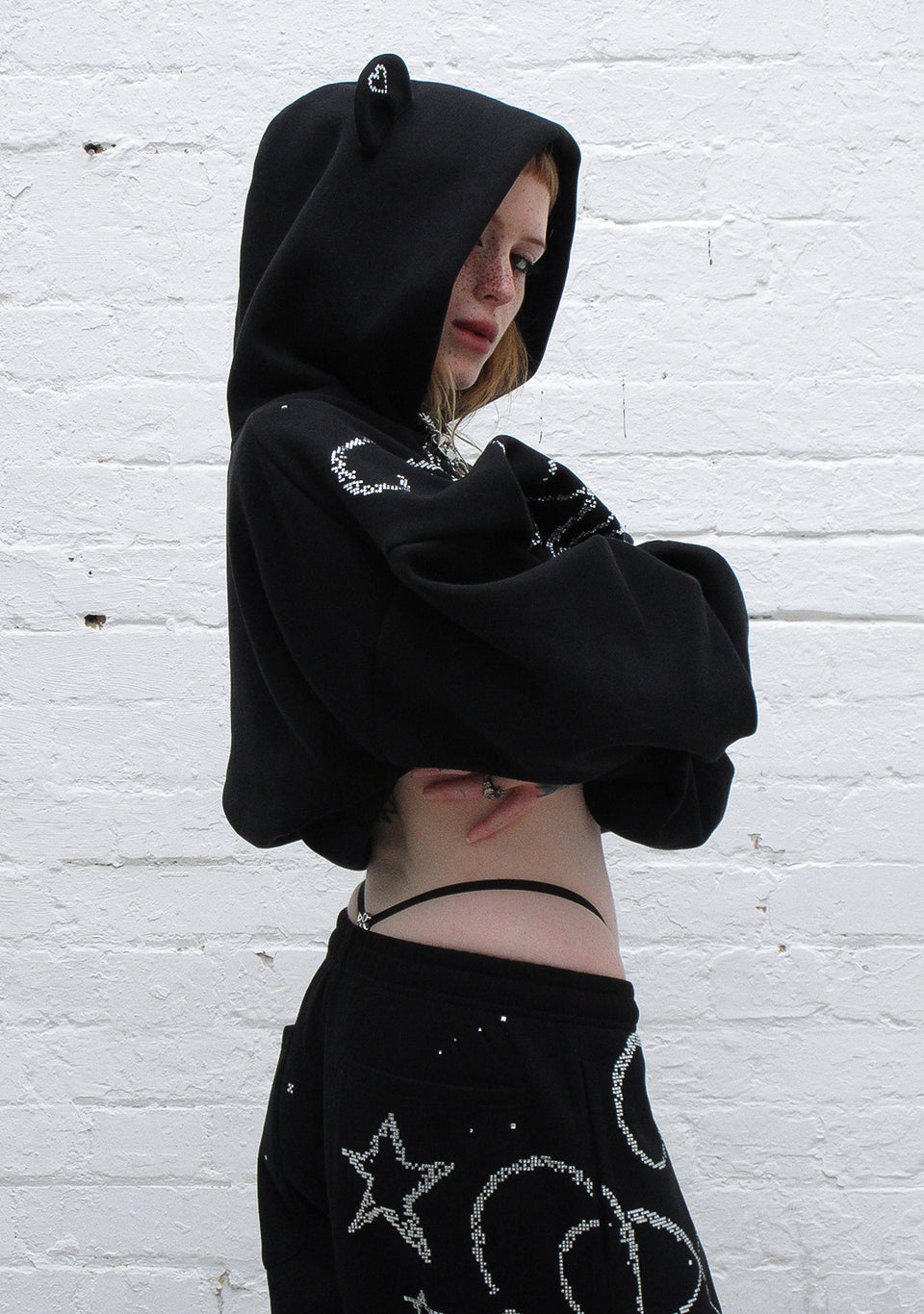 DREAMER RHINESTONE TEDDY PULLOVER HOODIE BLACK