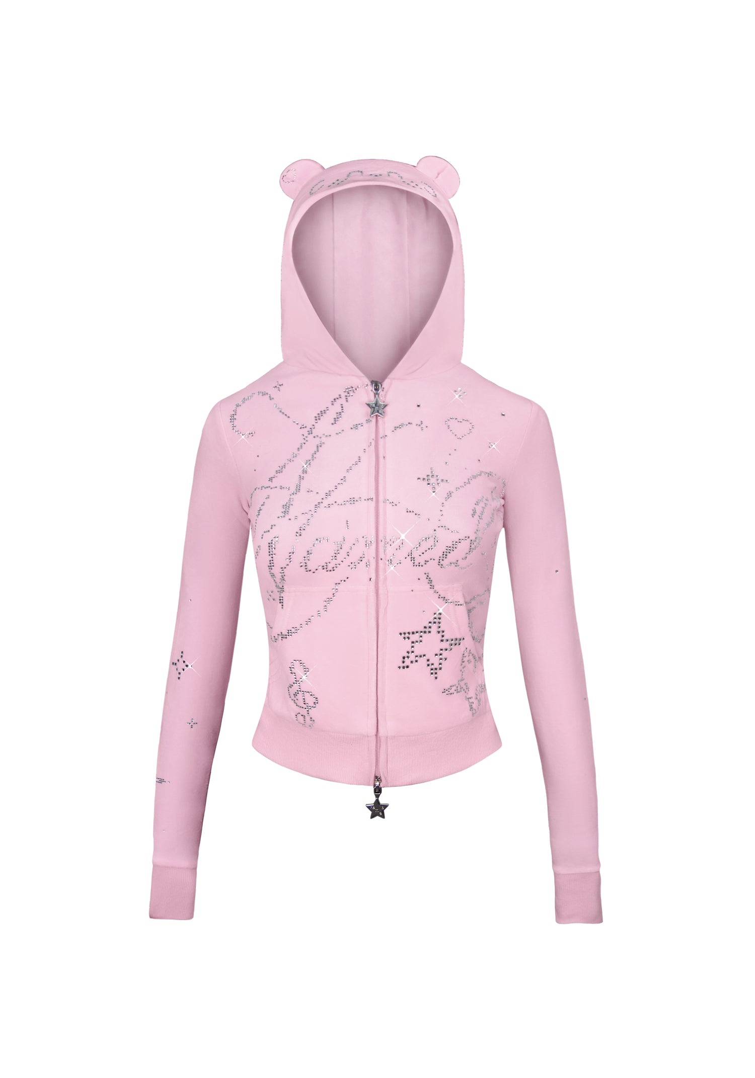 DREAMER RHINESTONE VELOUR TEDDY ZIP HOODIE BABY PINK