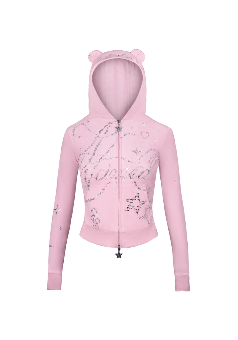 DREAMER RHINESTONE VELOUR TEDDY ZIP HOODIE BABY PINK
