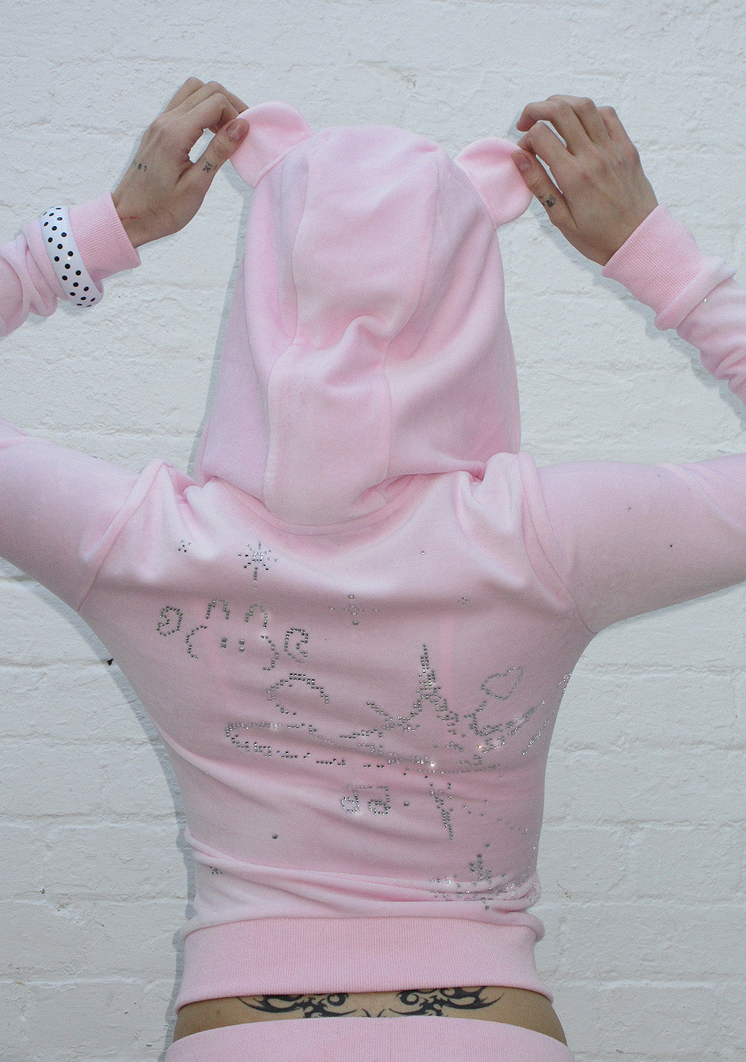 DREAMER RHINESTONE VELOUR TEDDY ZIP HOODIE BABY PINK