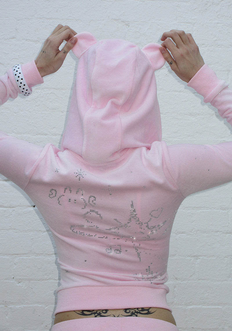 DREAMER RHINESTONE VELOUR TEDDY ZIP HOODIE BABY PINK