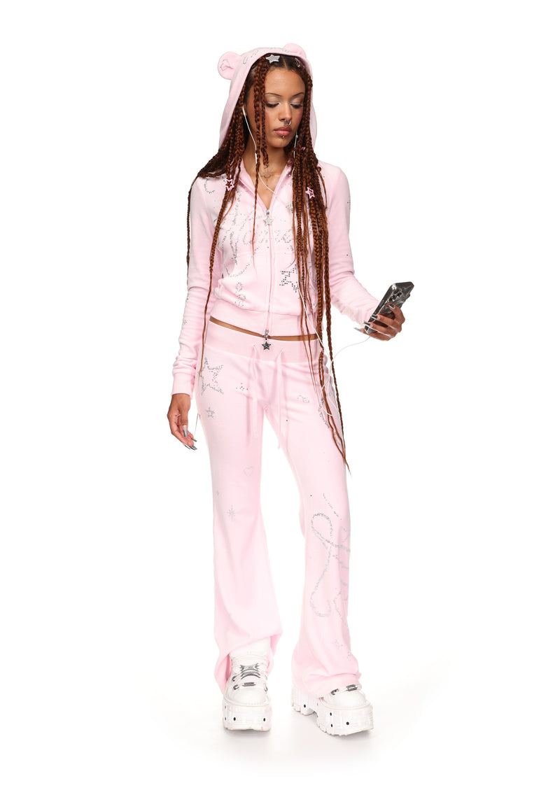 DREAMER RHINESTONE VELOUR TEDDY ZIP HOODIE BABY PINK