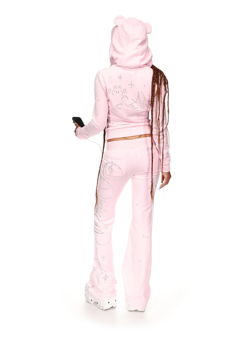 DREAMER RHINESTONE VELOUR TEDDY ZIP HOODIE BABY PINK