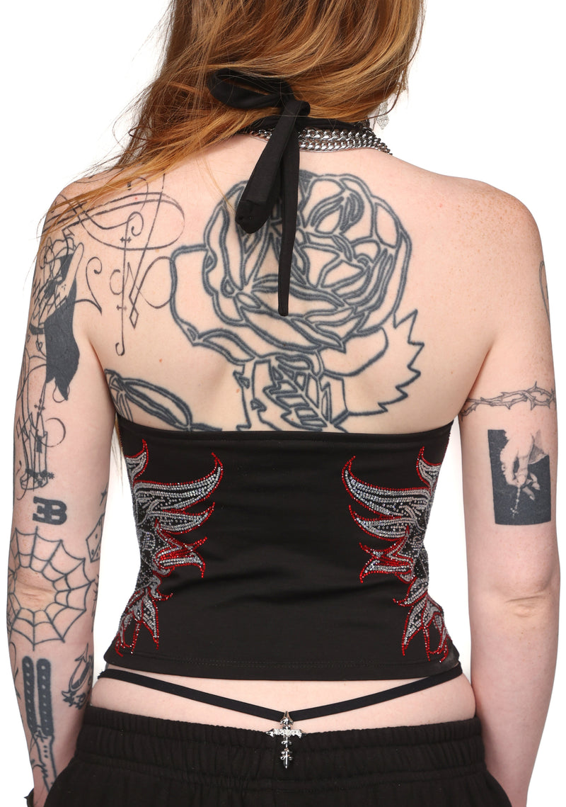 DUSK RHINESTONE HALTERNECK TOP BLACK