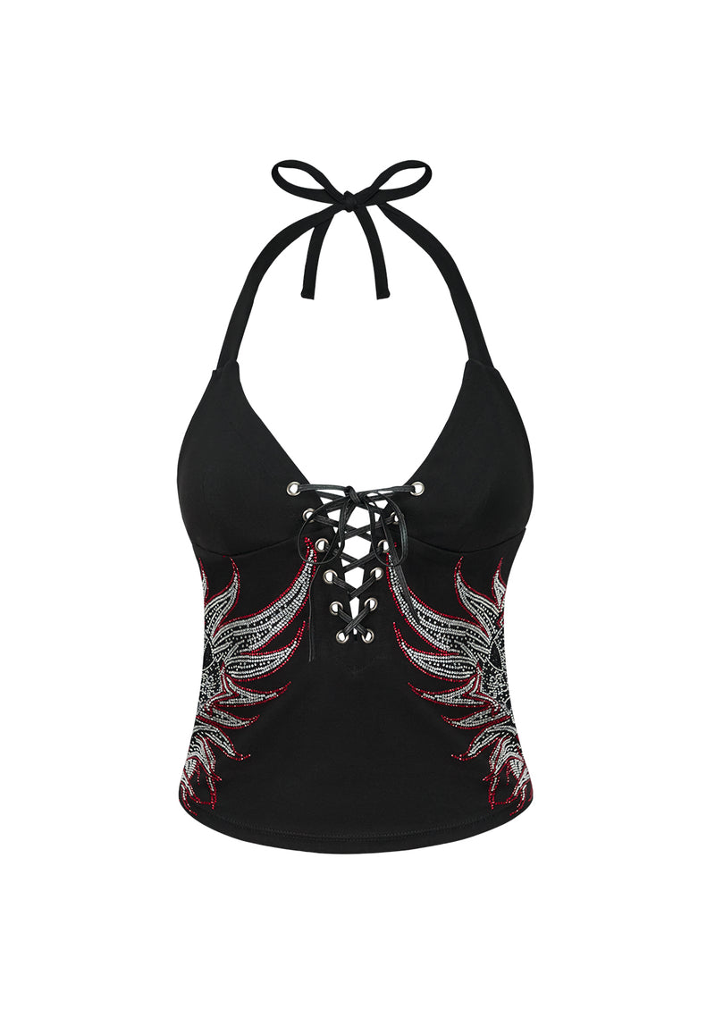 DUSK RHINESTONE HALTERNECK TOP BLACK