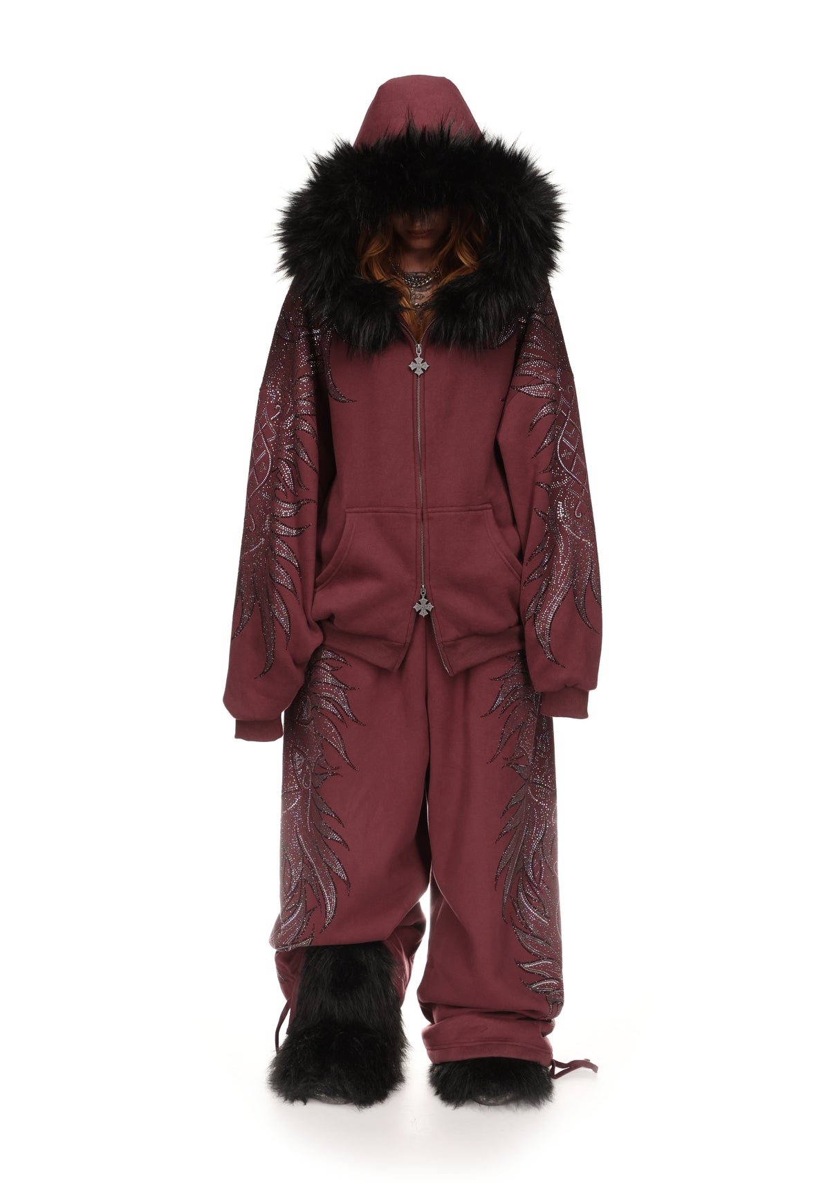 DUSK RHINESTONE ZIP HOODIE DARK RED