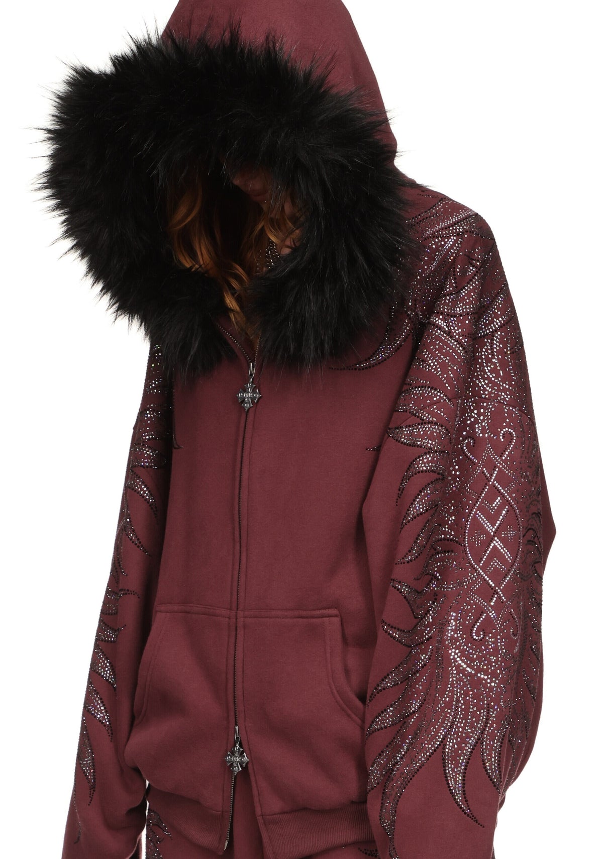 DUSK RHINESTONE ZIP HOODIE DARK RED