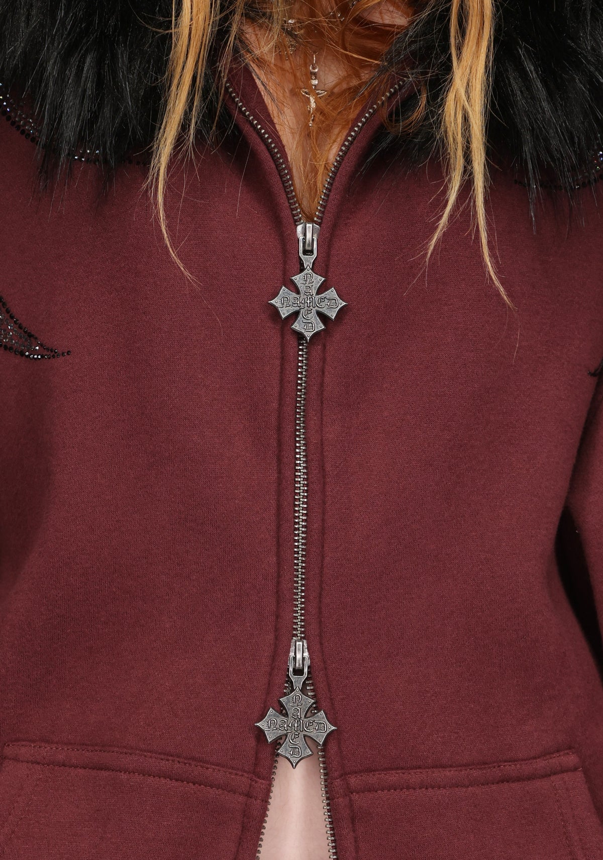 DUSK RHINESTONE ZIP HOODIE DARK RED