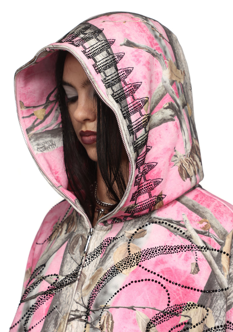ENEMY CROP ZIP HOODIE PINK TREE CAMO