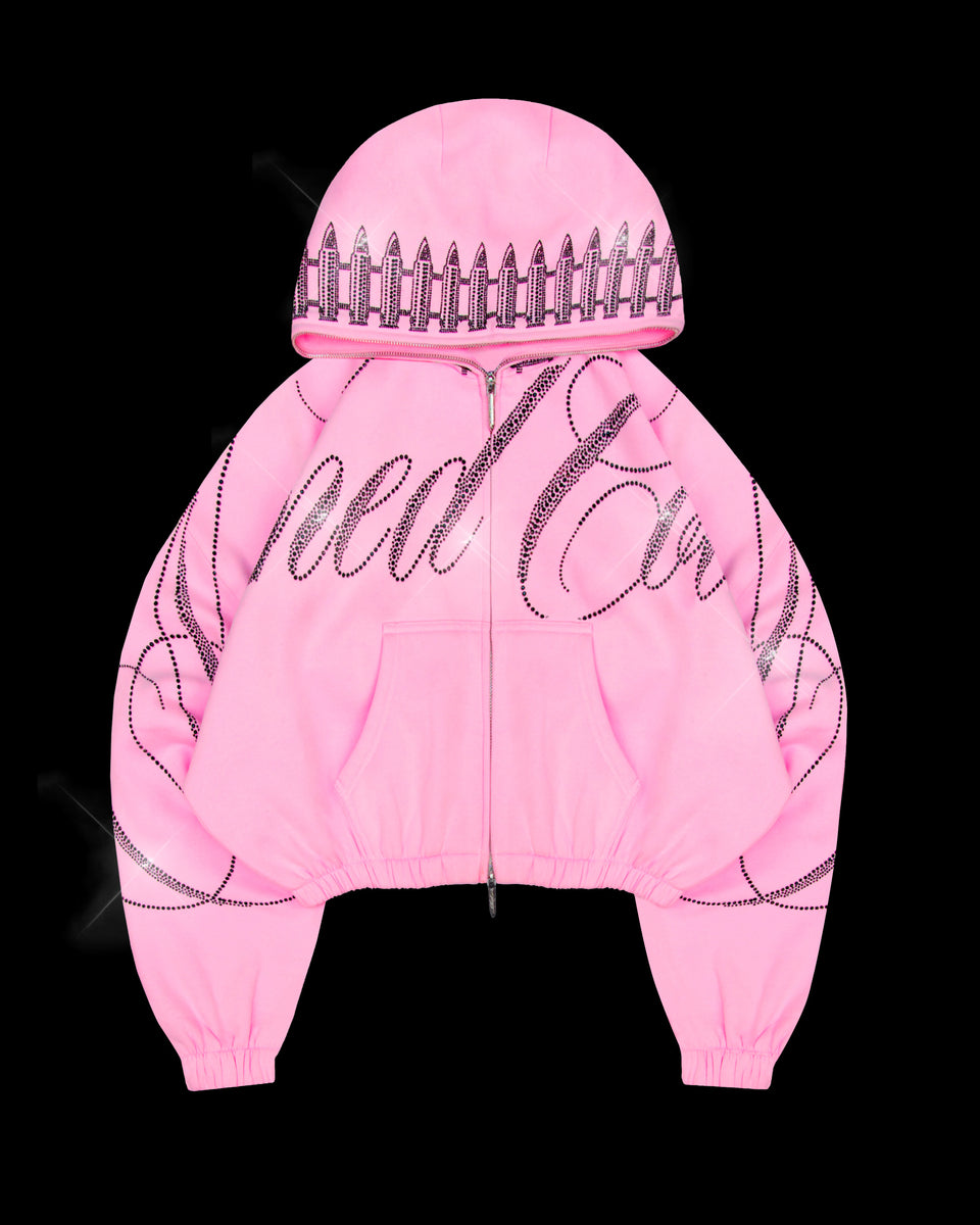 Enemy Rhinestone Crop Zip Hoodie In Baby Pink By Named Collective With Rhinestones.