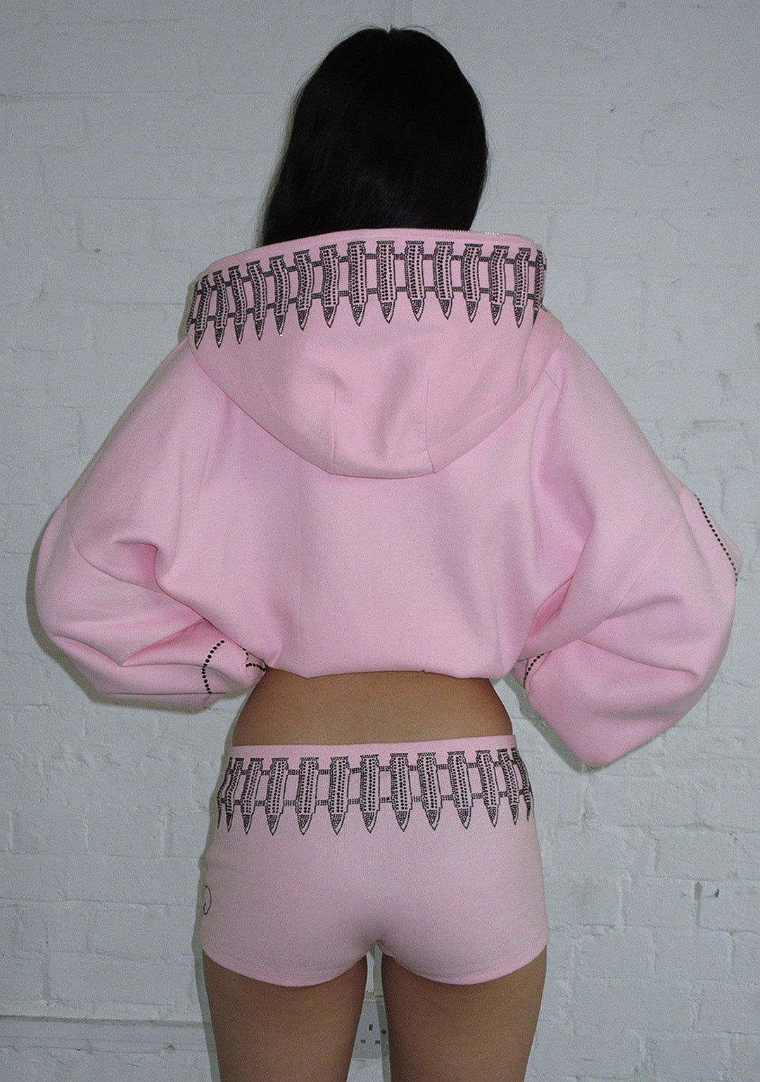 ENEMY RHINESTONE CROP ZIP HOODIE BABY PINK