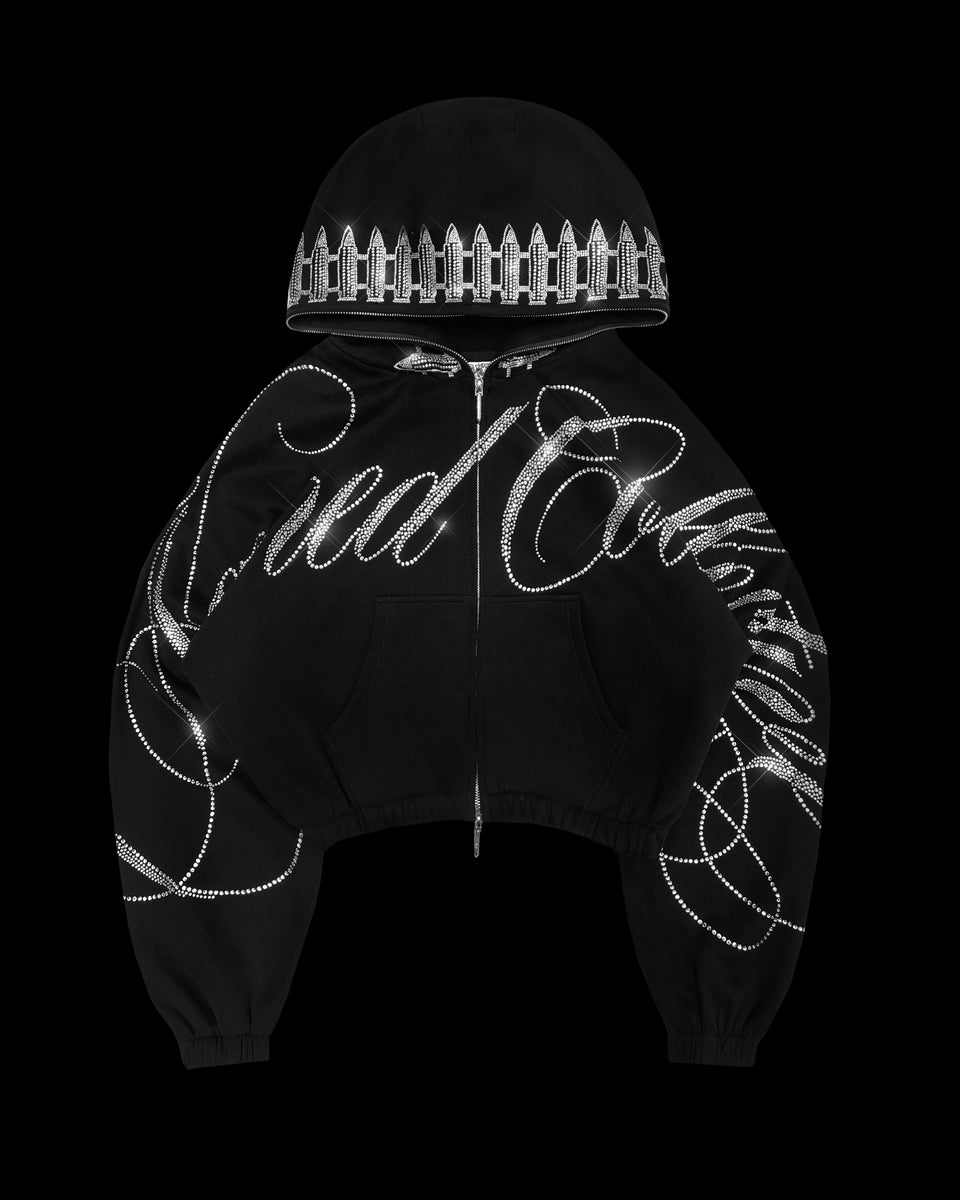 ENEMY RHINESTONE CROP ZIP HOODIE BLACK