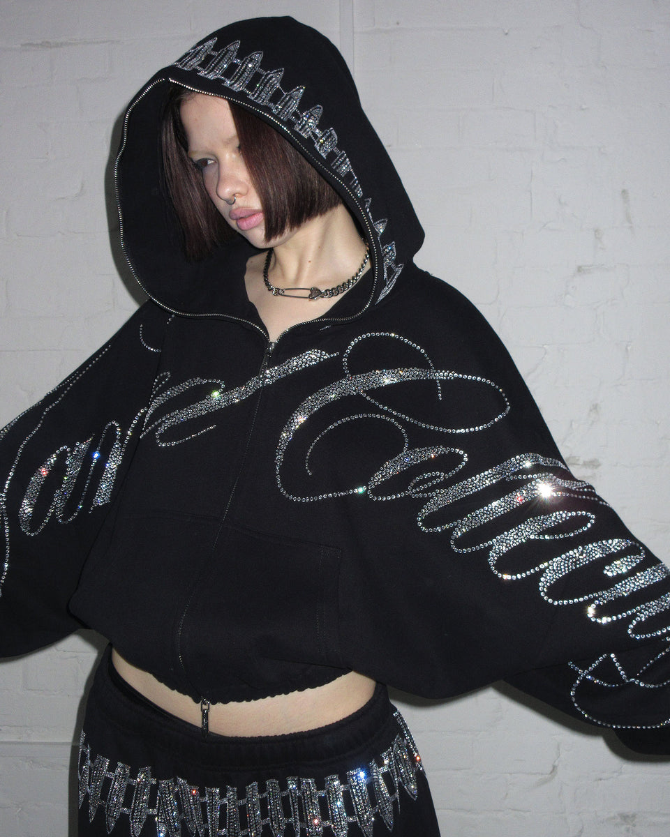 ENEMY RHINESTONE CROP ZIP HOODIE BLACK