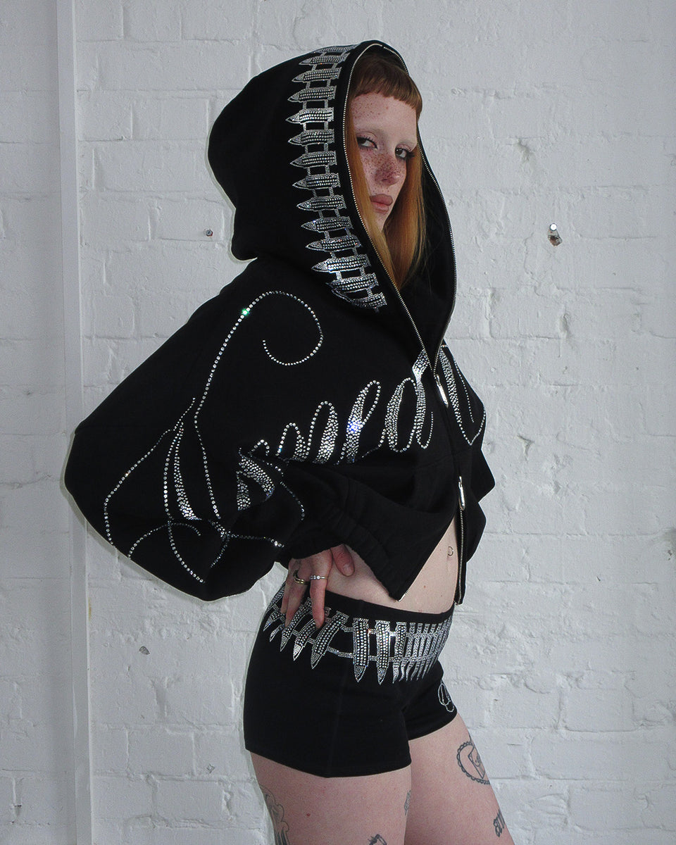 ENEMY RHINESTONE CROP ZIP HOODIE BLACK
