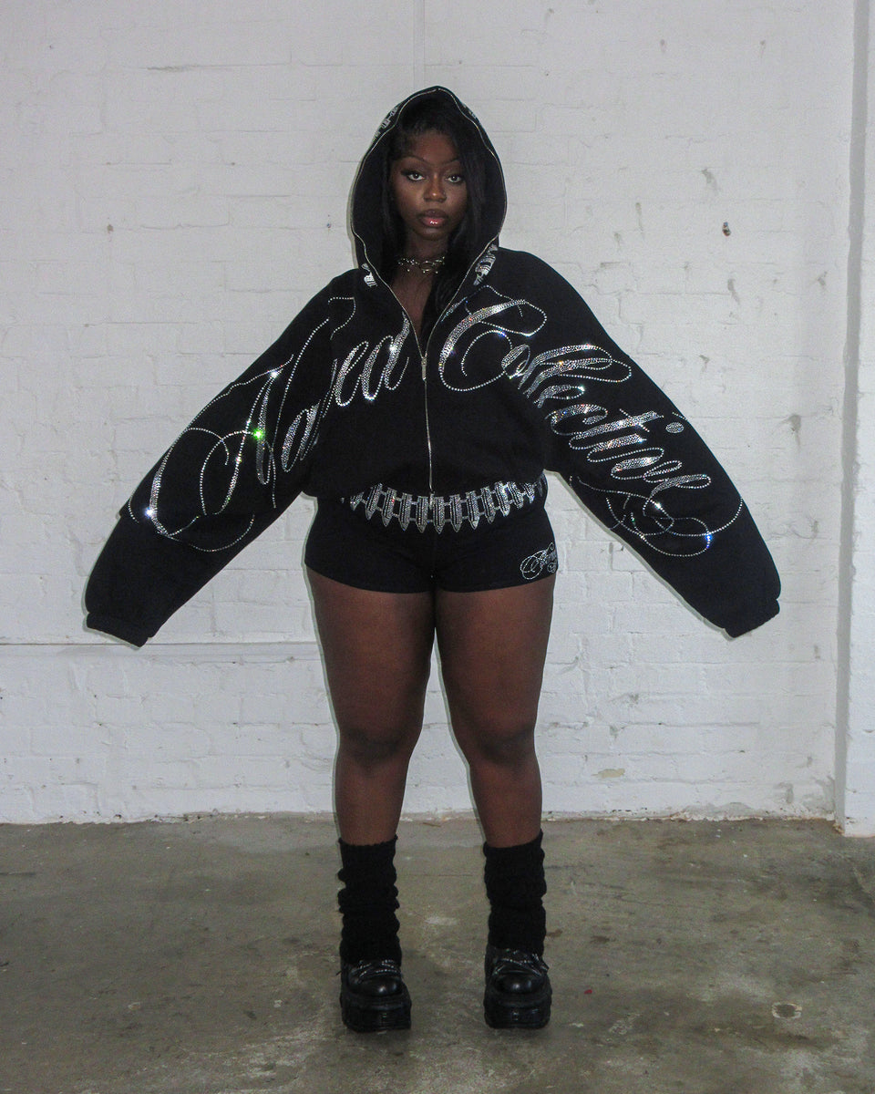ENEMY RHINESTONE CROP ZIP HOODIE BLACK