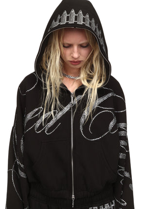 ENEMY RHINESTONE CROP ZIP HOODIE BLACK