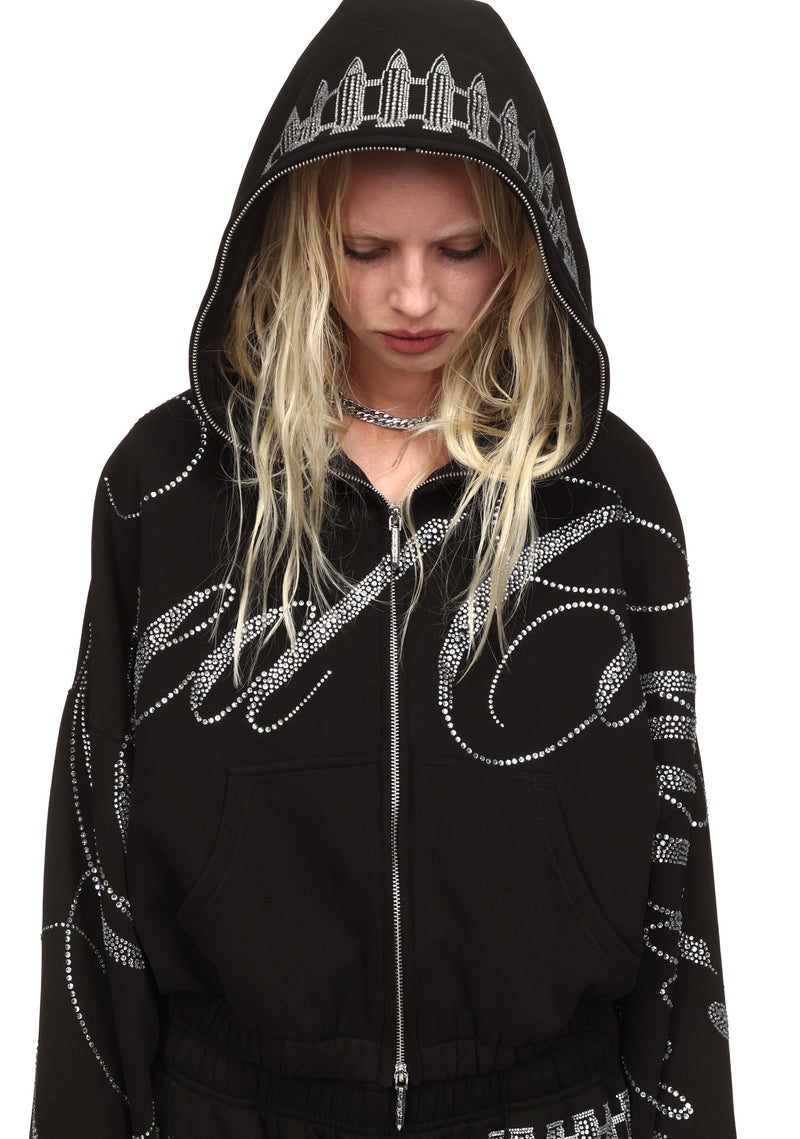 ENEMY RHINESTONE CROP ZIP HOODIE BLACK