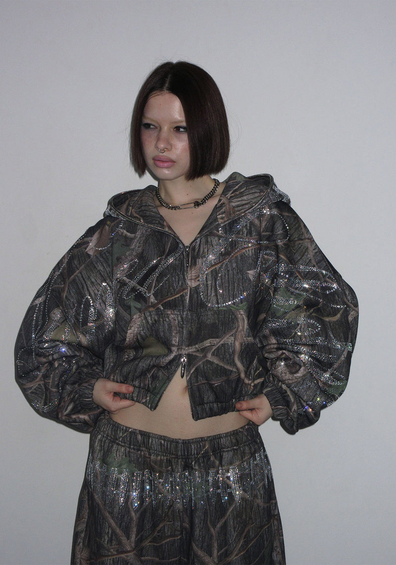 ENEMY RHINESTONE CROP ZIP HOODIE TREE CAMO