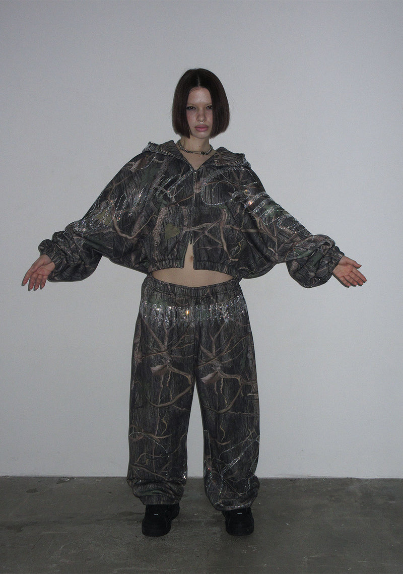 ENEMY RHINESTONE CROP ZIP HOODIE TREE CAMO