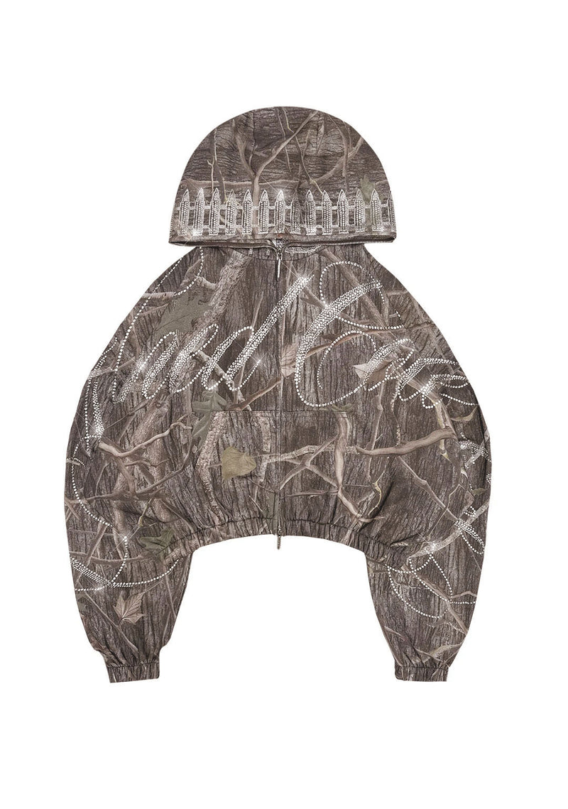 ENEMY RHINESTONE CROP ZIP HOODIE TREE CAMO