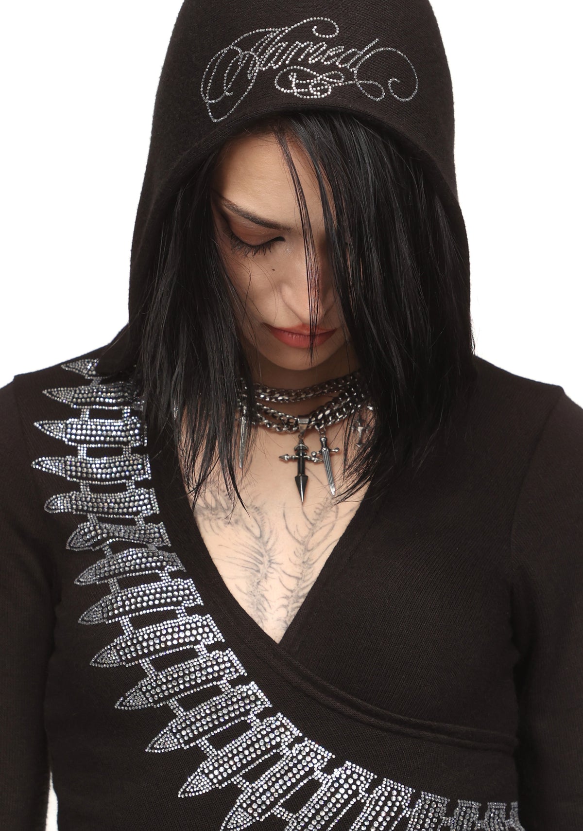 ENEMY RHINESTONE CROSS TIE HOODIE BLACK
