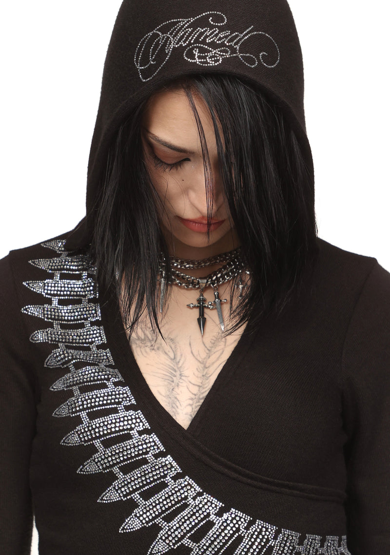 ENEMY RHINESTONE CROSS TIE HOODIE BLACK