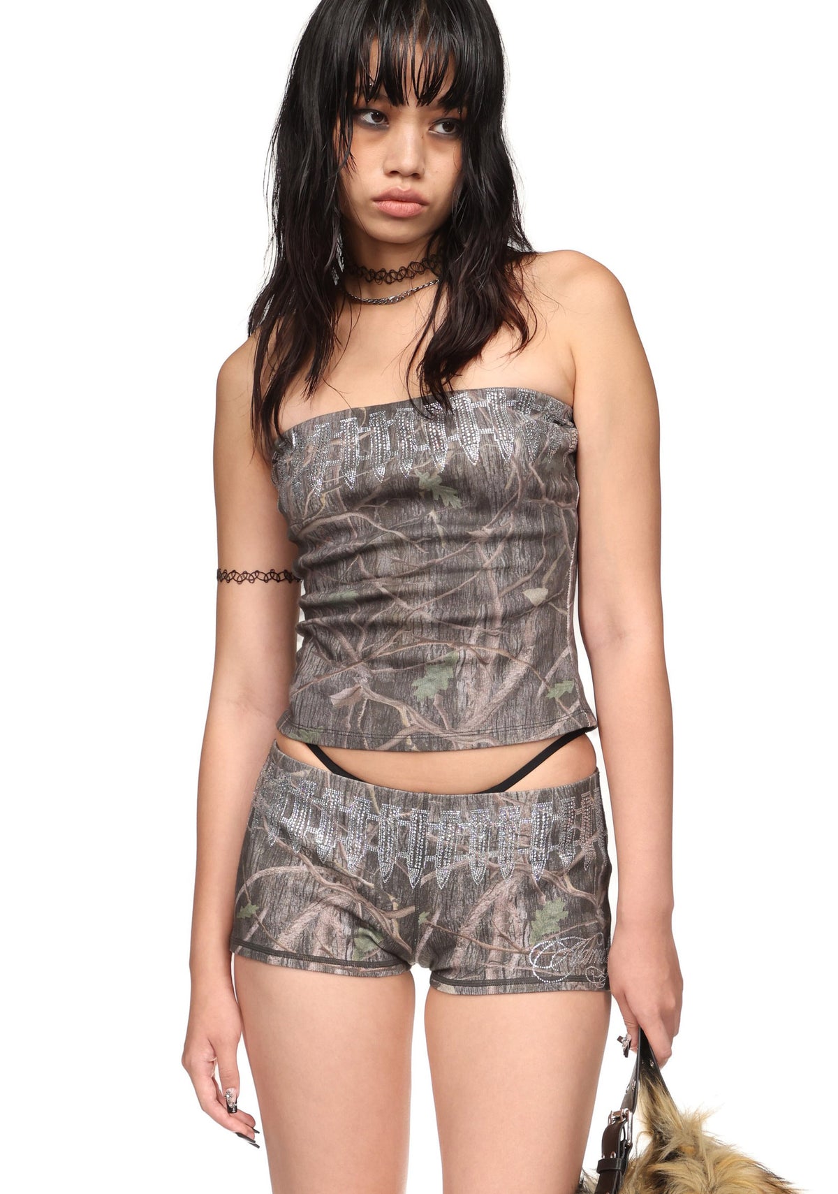 ENEMY RHINESTONE MICRO HOTPANT SHORTS TREE CAMO