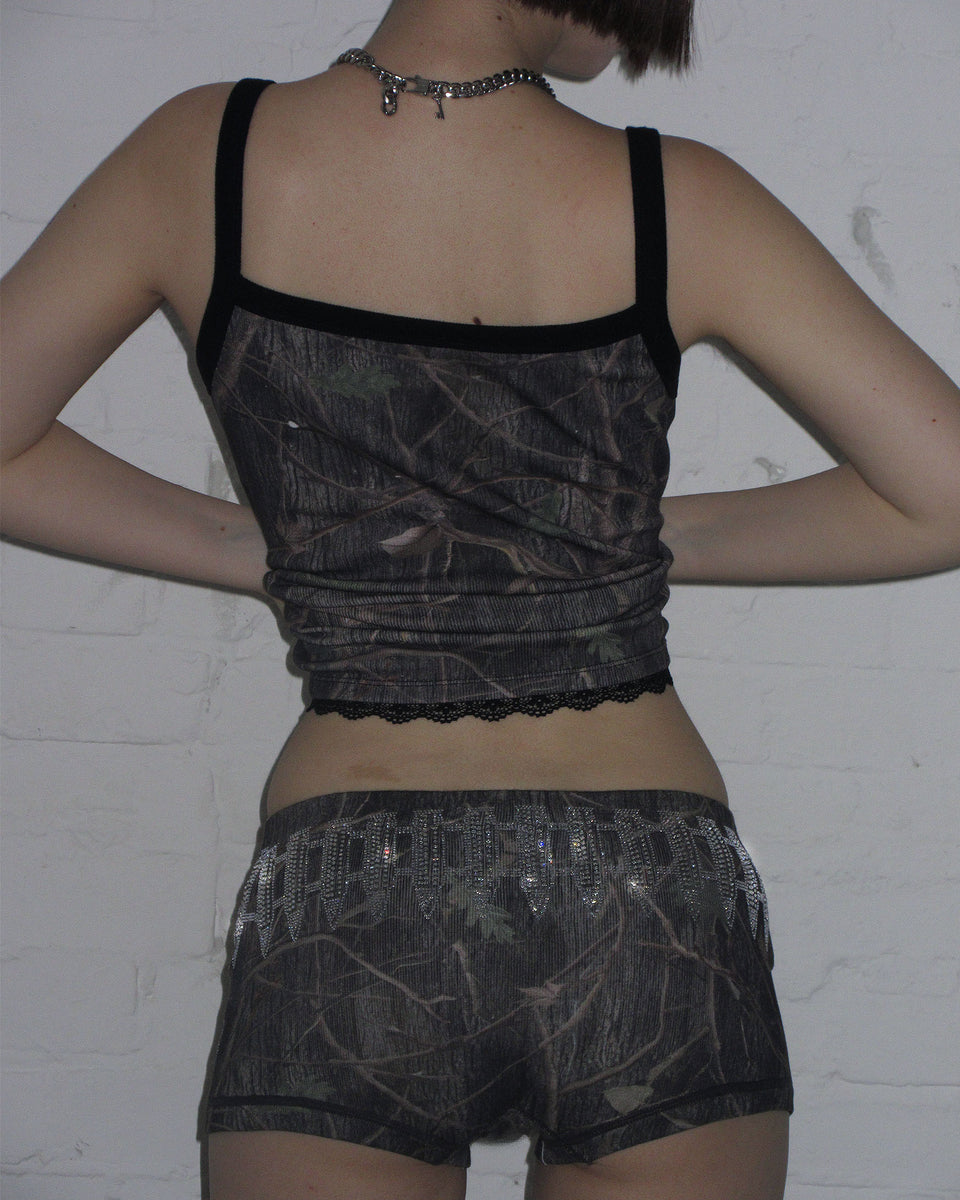 ENEMY RHINESTONE HOTPANT SHORTS TREE CAMO