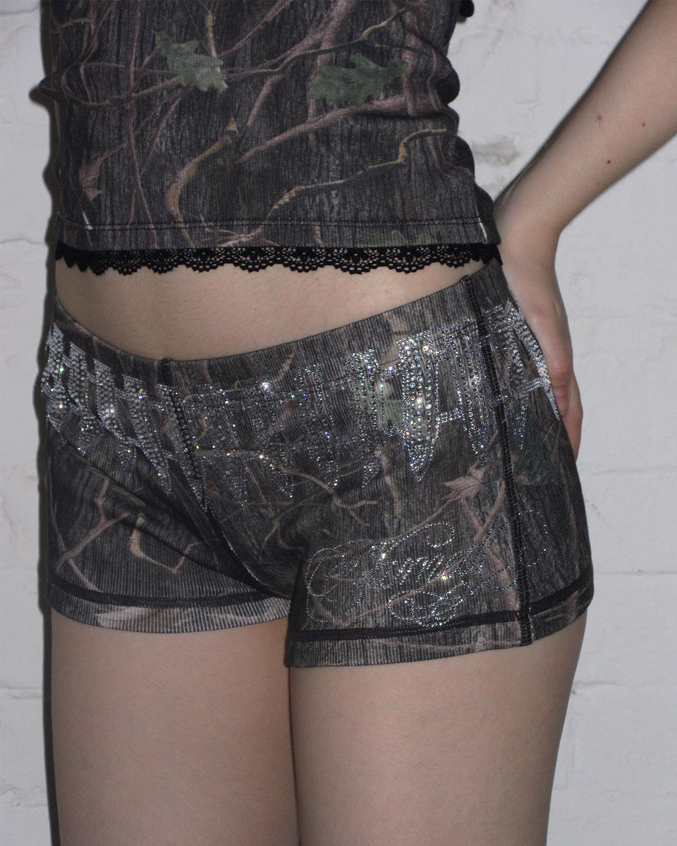 ENEMY RHINESTONE HOTPANT SHORTS TREE CAMO