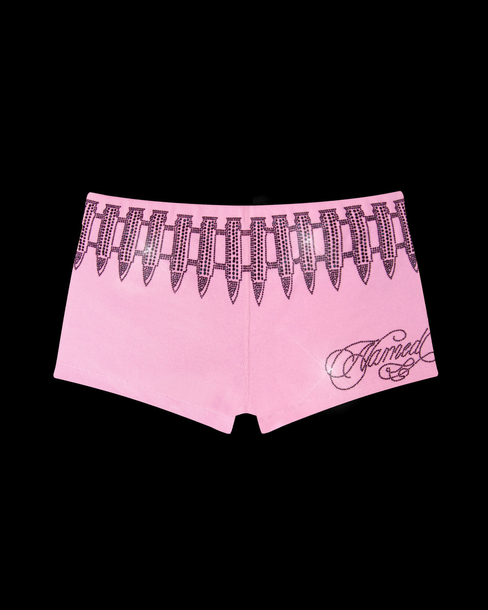 Enemy Rhinestone Micro Hotpant Shorts In Baby Pink By Named Collective With Rhinestones.