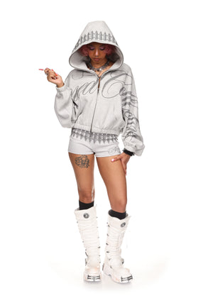 ENEMY STUDDED CROP ZIP HOODIE GREY MARL
