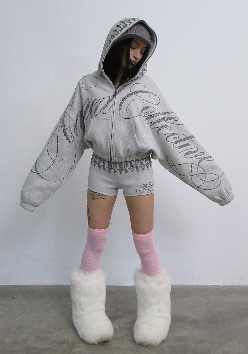 ENEMY STUDDED CROP ZIP HOODIE GREY MARL