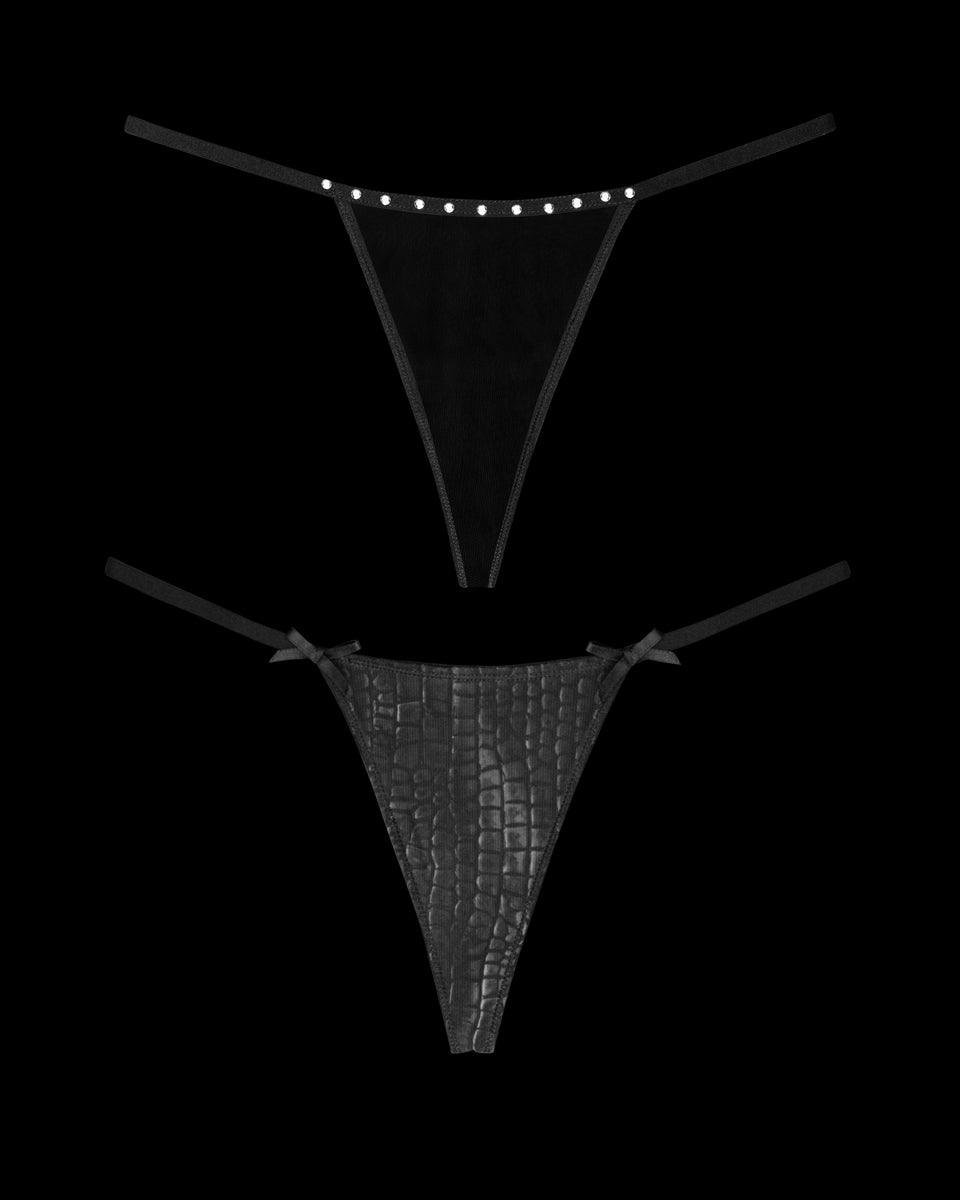 NAMED COLLECTIVE® ENVY Hardware Charm Mesh G-String 2-Pack in Charcoal features studded and snakeskin-textured thongs.