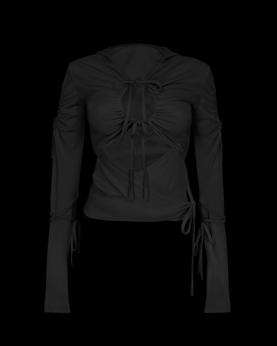 The ENVY SCULPT STRETCH TIE HOODIE BLACK by NAMED COLLECTIVE® features ruched details, shown on a black background.