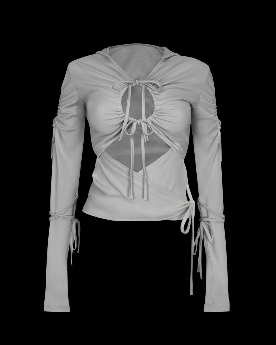 NAMED COLLECTIVE® ENVY SCULPT STRETCH TIE HOODIE in Mist Grey with front cutouts, ruching, and wrap-around ties.