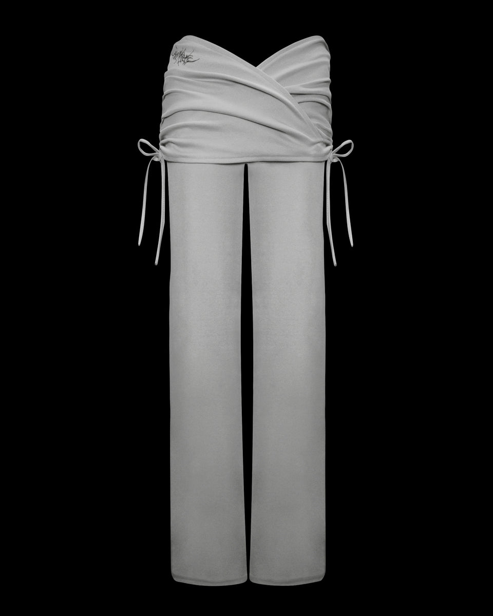 NAMED COLLECTIVE® ENVY SCULPT Two Piece Skirt Trouser Set in Mist Grey, featuring a ruched wrap waistband and side ties.