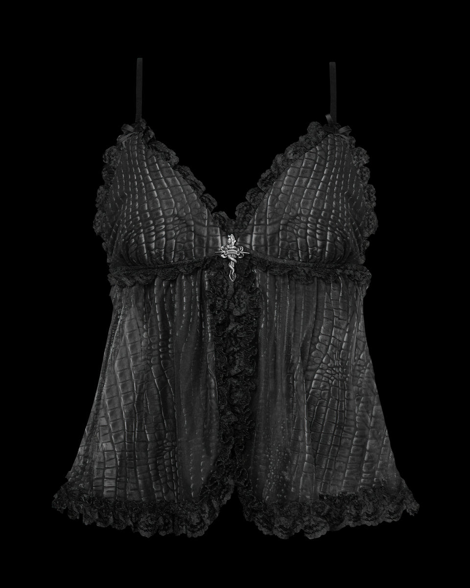 NAMED COLLECTIVE® ENVY Sheer Snakeskin Mesh Cami Top Charcoal, shown on a black background.