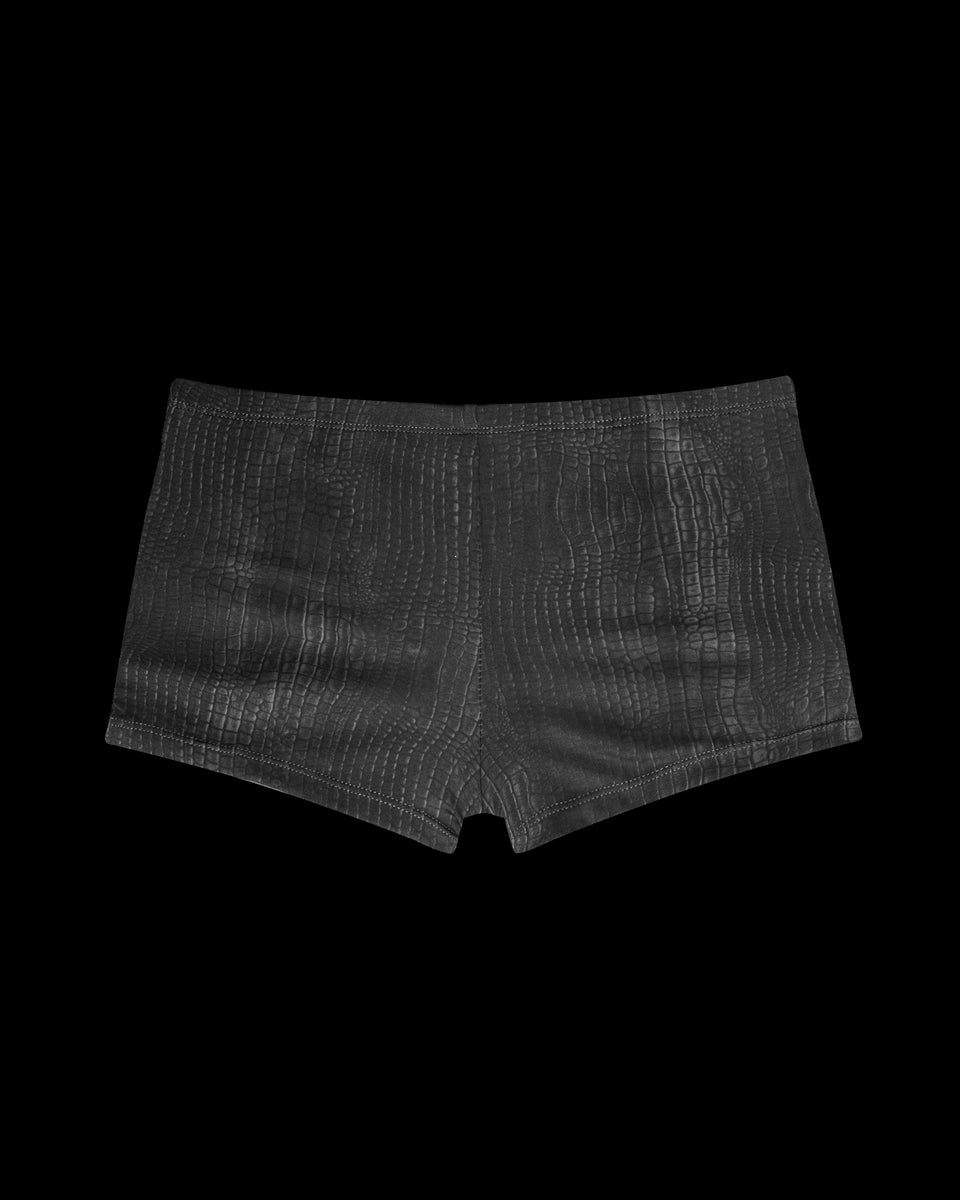 NAMED COLLECTIVE® ENVY SNAKESKIN HOTPANT SHORTS in charcoal, featuring a subtle snakeskin pattern.