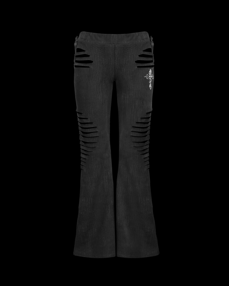 NAMED COLLECTIVE® ENVY Snakeskin Slashed Sculpt Stretch Pants in charcoal with cutouts and a white thigh graphic.