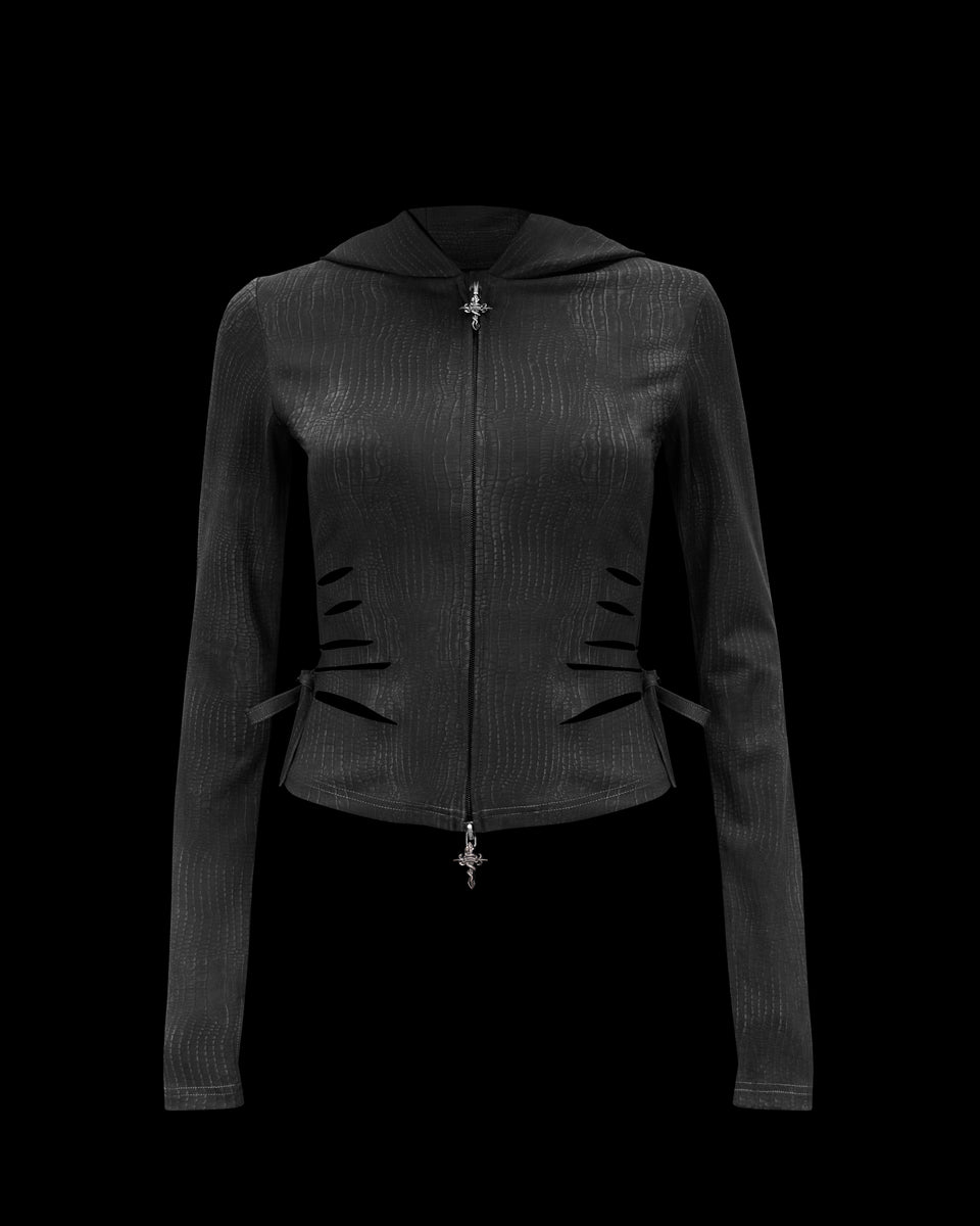 NAMED COLLECTIVE® ENVY Snakeskin Slashed Stretch Zip Hoodie in charcoal with side cut-outs and cross pendants.