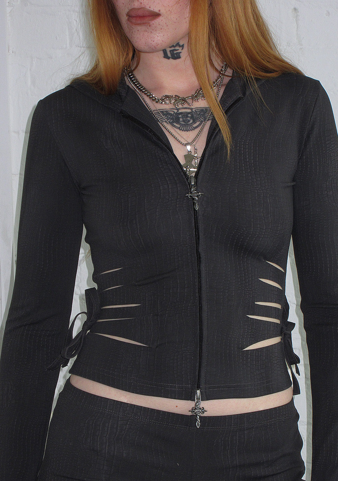 ENVY SNAKESKIN SLASHED SCULPT STRETCH ZIP HOODIE CHARCOAL