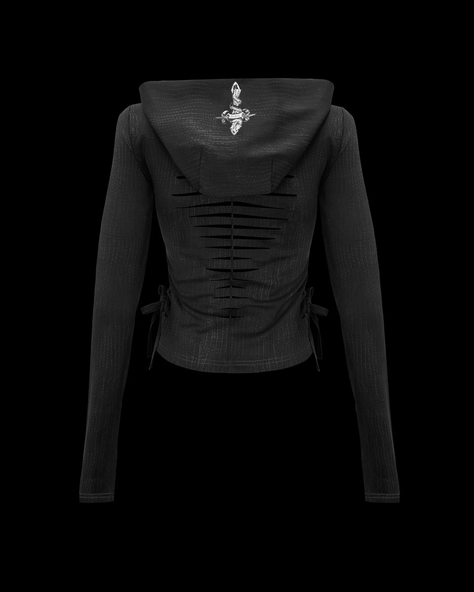 NAMED COLLECTIVE® ENVY SNAKESKIN SLASHED SCULPT ZIP HOODIE in charcoal, with back slits and silver hood emblem.
