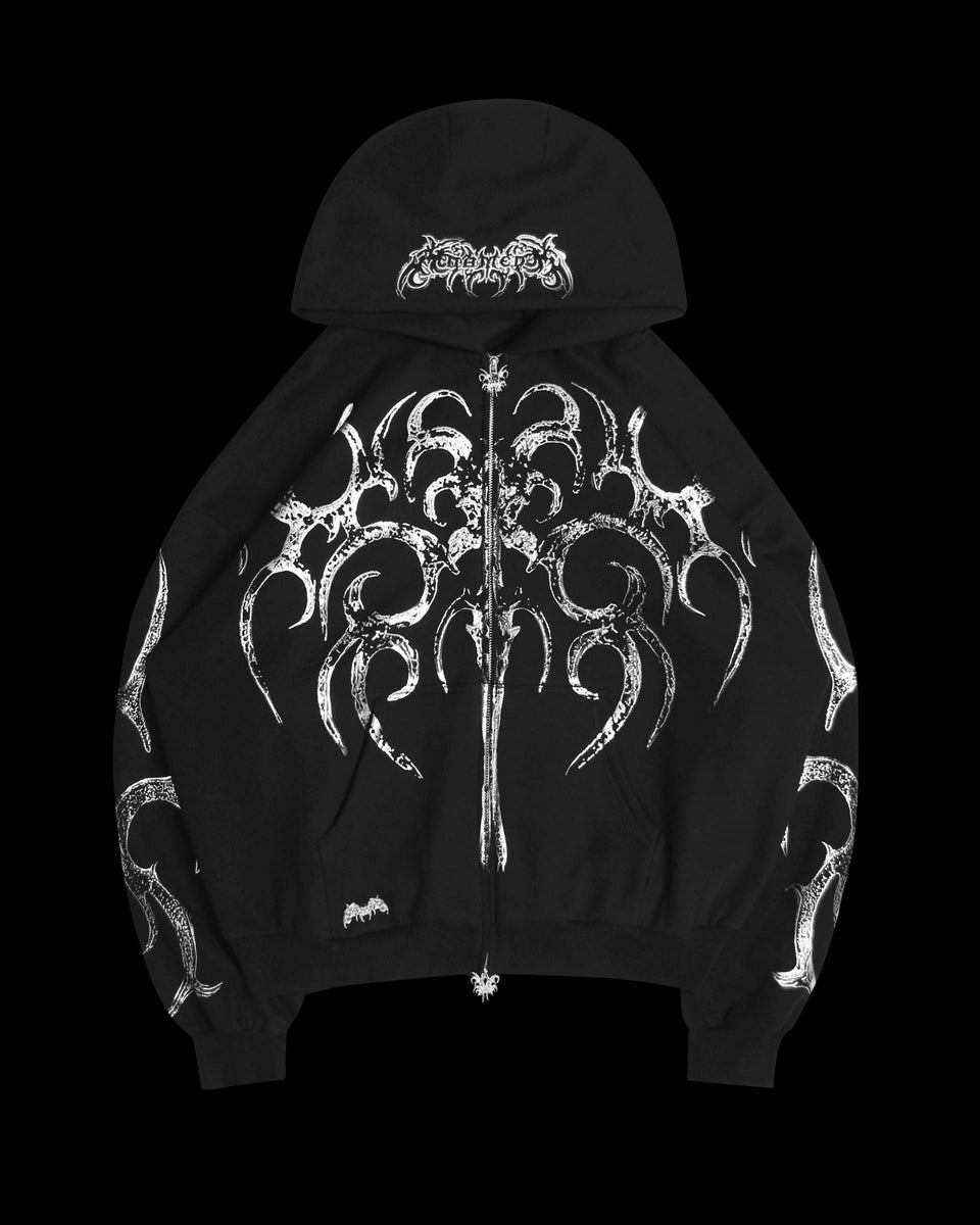 EUPHORIA DISTRESSED PRINT CHROME ZIP HOODIE BLACK