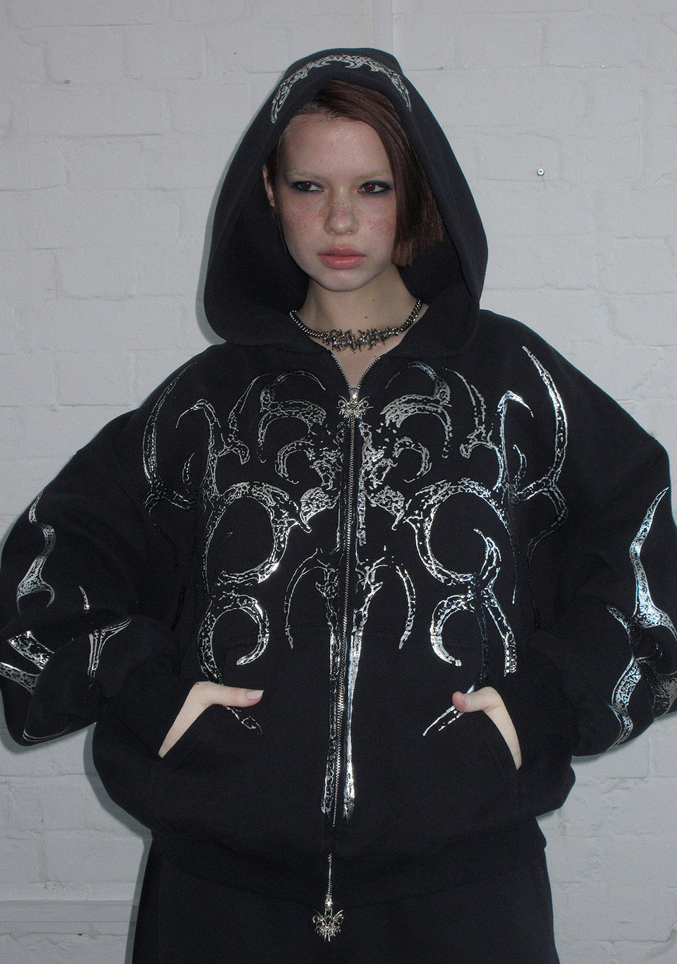 EUPHORIA DISTRESSED PRINT CHROME ZIP HOODIE BLACK