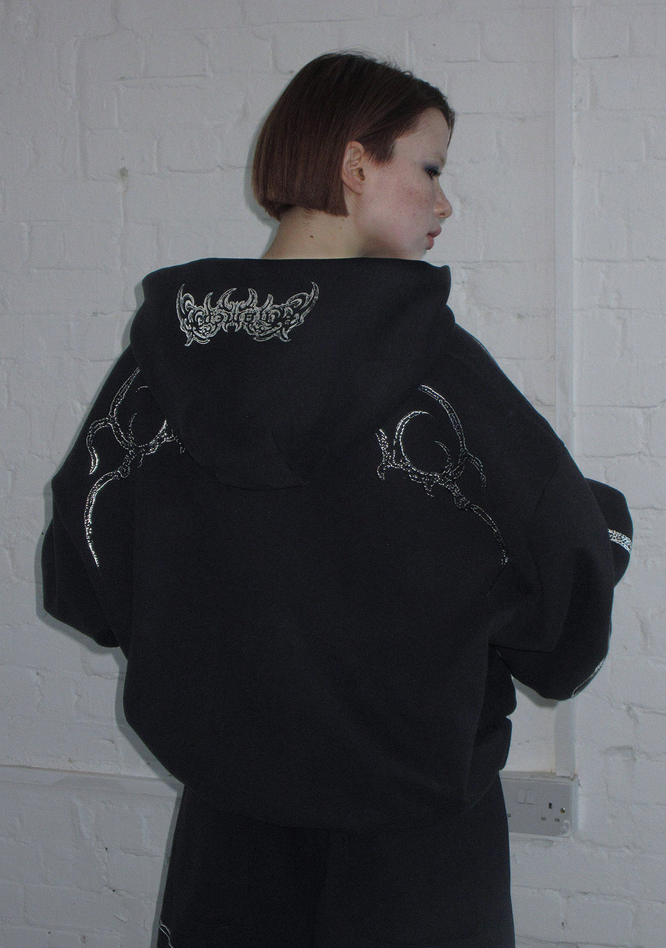 EUPHORIA DISTRESSED PRINT CHROME ZIP HOODIE BLACK